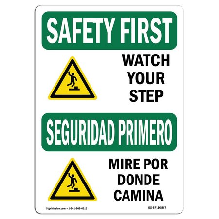 SIGNMISSION OSHA Watch Your Step W/ Symbol Bilingual 24in X 18in Rigid Plastic, 24" W, 18" H, Landscape OS-SF-P-1824-L-10887